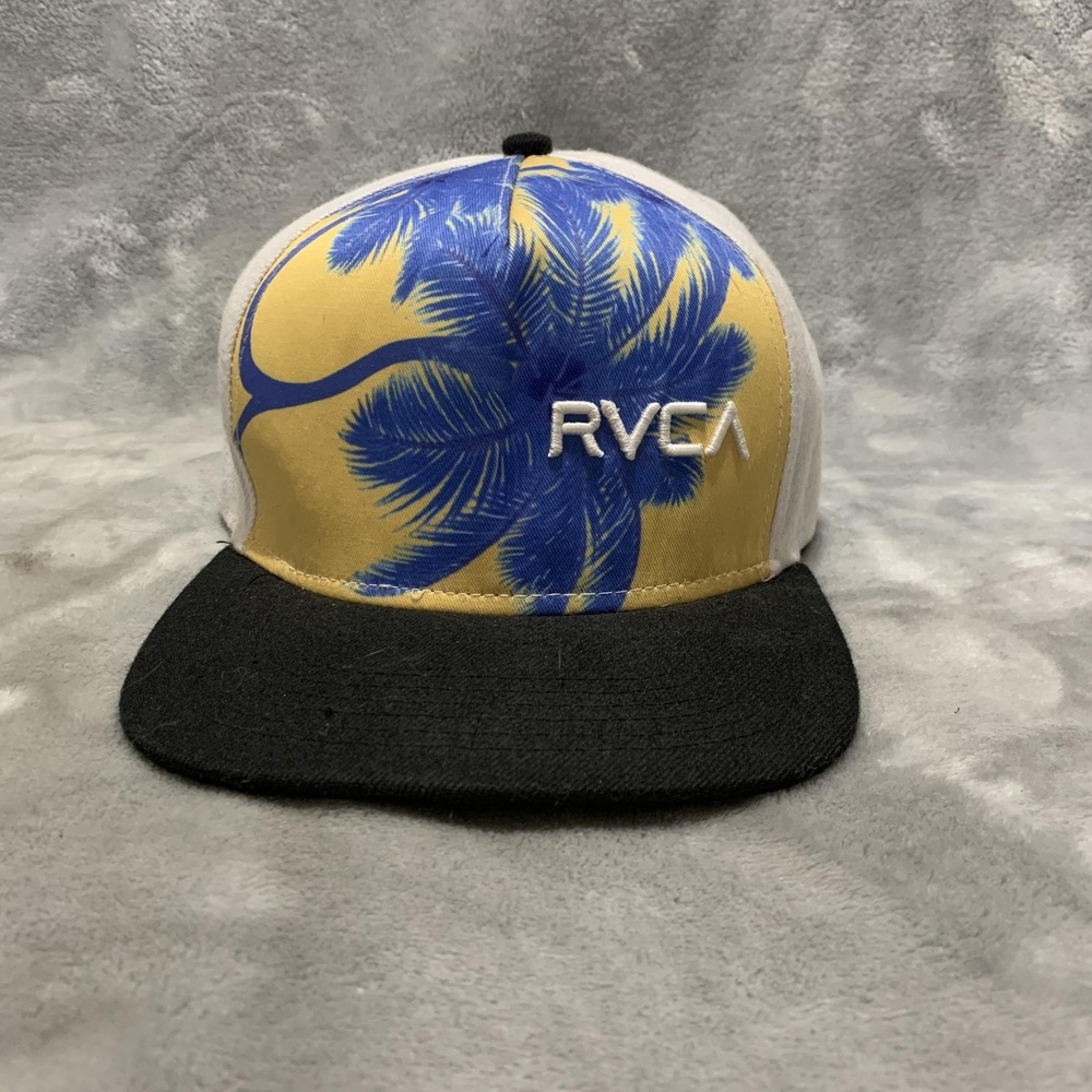RVCA Hat Cap Snap Back Blue Yellow Palm Tree Print Trucker Embroidered Mens Logo